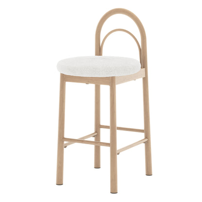Modern counter-height stool with arched backrest and round upholstered seat on a white background