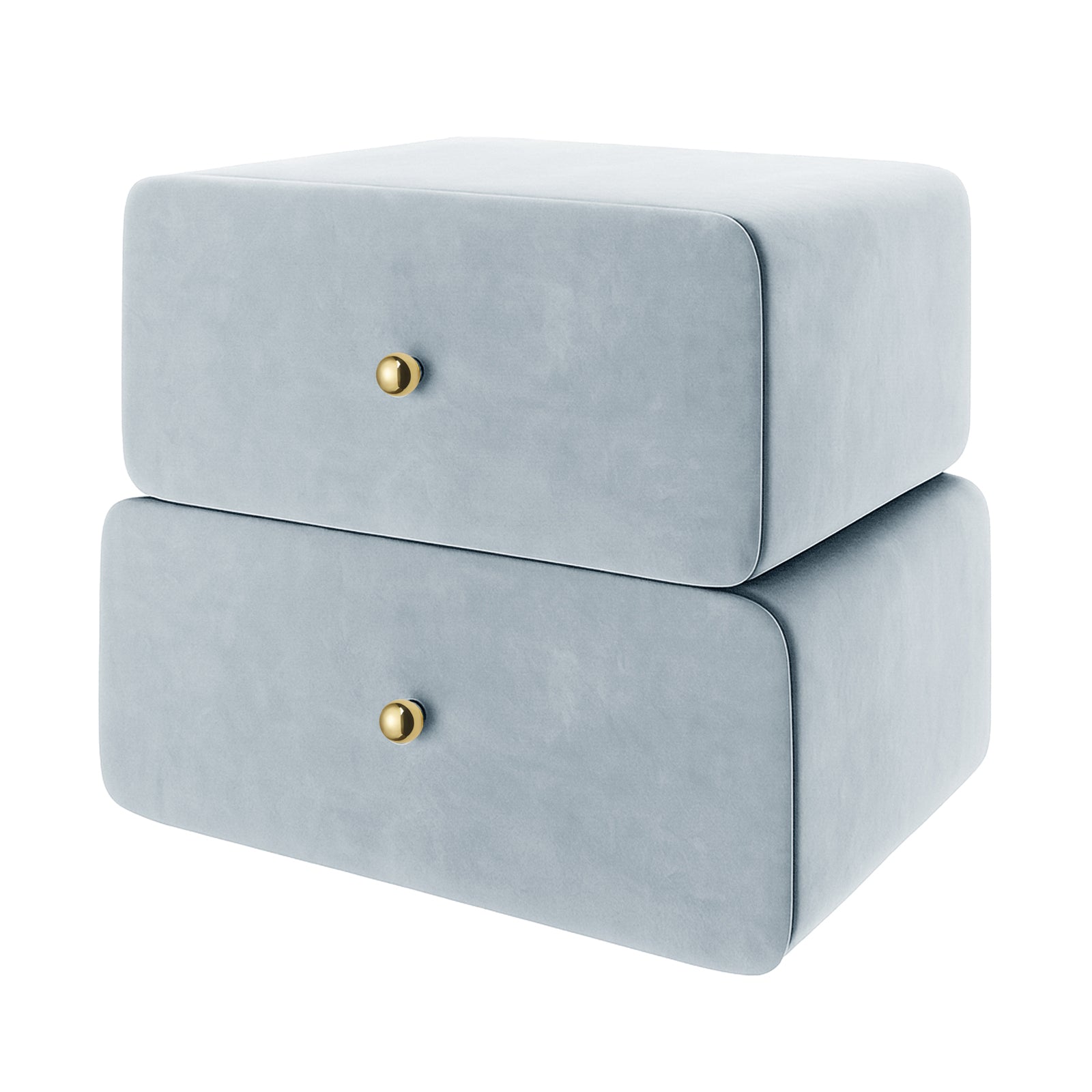 Luxo Tyla Modern Velvet Bedside Table Ice Blue features two softly rounded drawers with polished brass knobs, offering a minimalist design with a plush velvet finish, perfect for compact bedroom spaces.