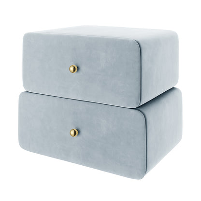 Luxo Tyla Modern Velvet Bedside Table Ice Blue features two softly rounded drawers with polished brass knobs, offering a minimalist design with a plush velvet finish, perfect for compact bedroom spaces.