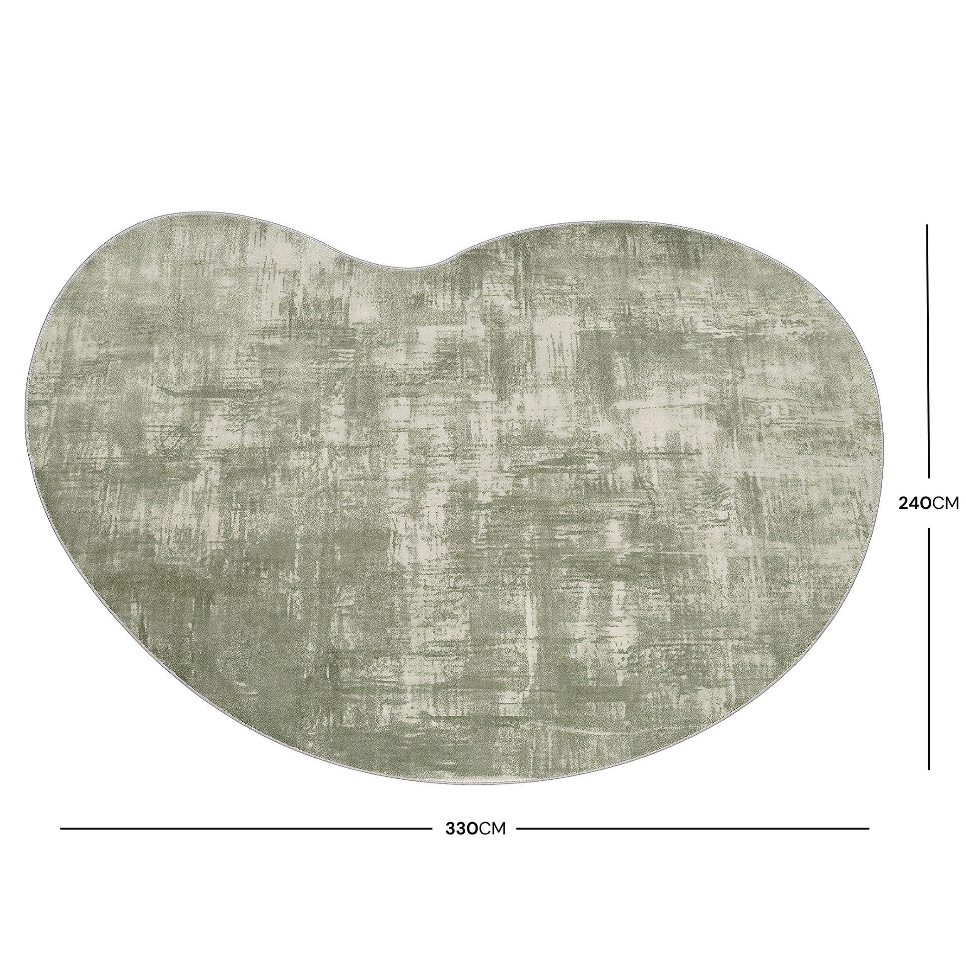 Abstract sage green and light gray rug on white background with dimensions marked 330 cm by 240 cm