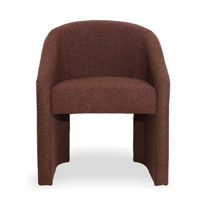 Nuve Bouclé Upholstered Accent Armchair in Rust Brown featuring a curved back, textured fabric, and padded seat with integrated legs, offering a stylish, compact design for cozy, modern living spaces.