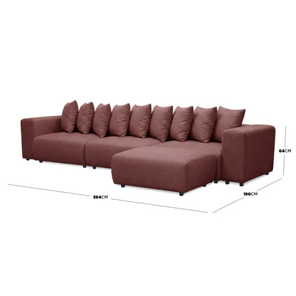 Sectional sofa on white background with dimension labels