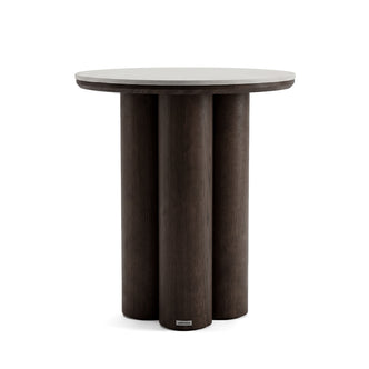 Round modern side table with dark wood finish on a white background