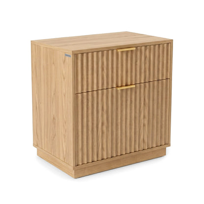 Wooden storage cabinet with fluted fronts and gold-tone handles on a white background