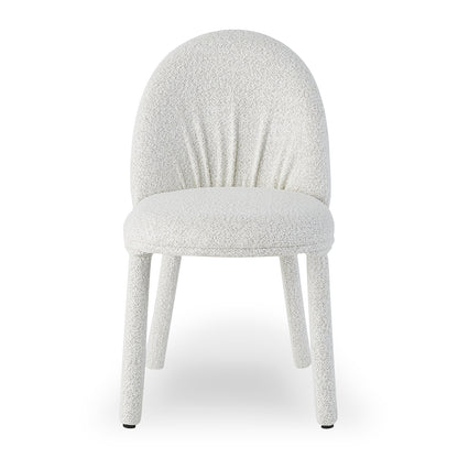 Joren Boucle Arched Dining Chair Set of 2 in Cream features a soft, off-white bouclé fabric, gently rounded backrest, plush seat, and fully covered splayed legs for a chic, inviting dining experience.