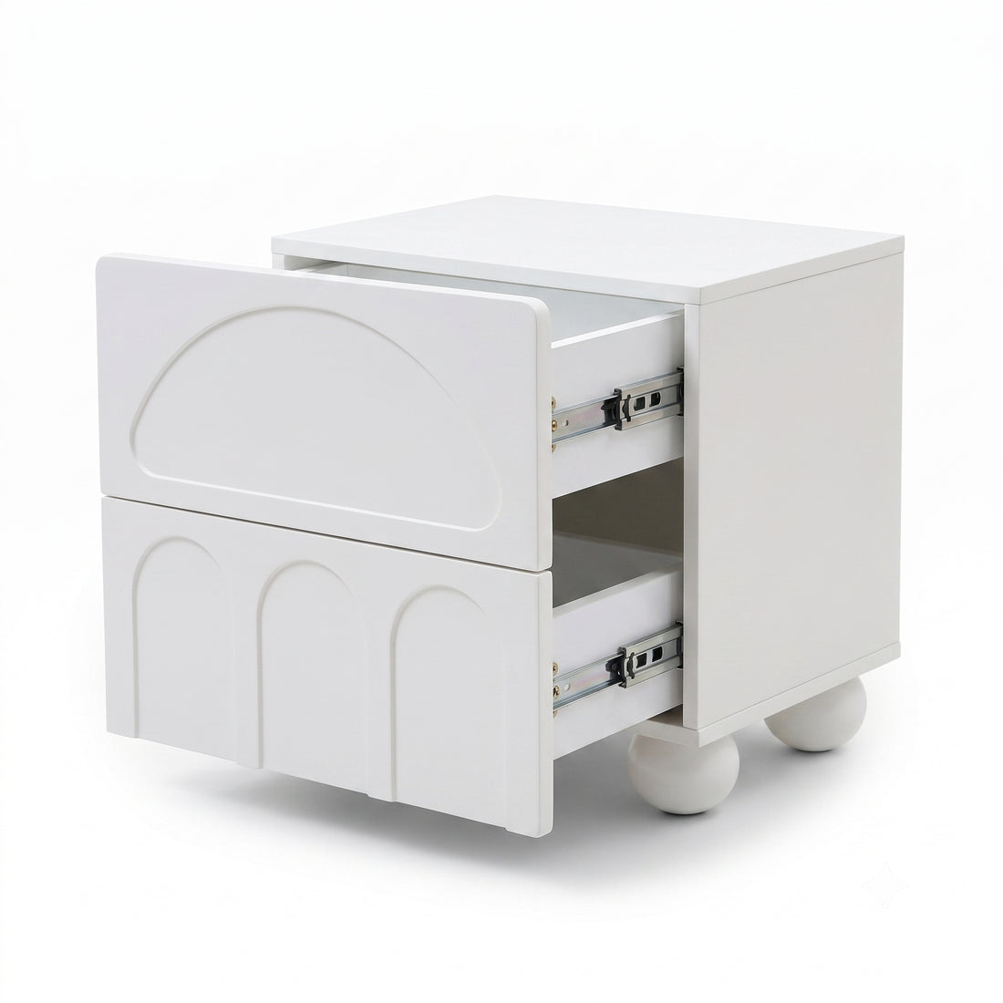 White two-drawer nightstand with both drawers slightly open on a white background.