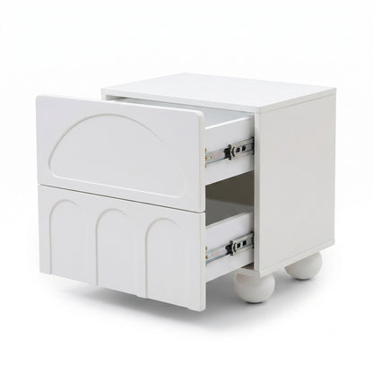 White two-drawer nightstand with both drawers slightly open on a white background.