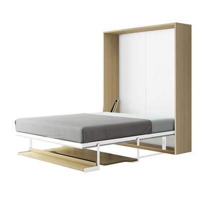 Logan Queen Murphy Bed & Cybele Mattress in White Natural, featuring a wall-mounted wooden frame, pull-down metal bed with grey sheet, and a built-in shelf for essentials, maximizing space efficiently.