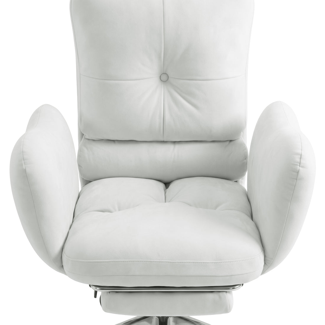 Plush white armchair-style swivel chair on white background with partially cropped base