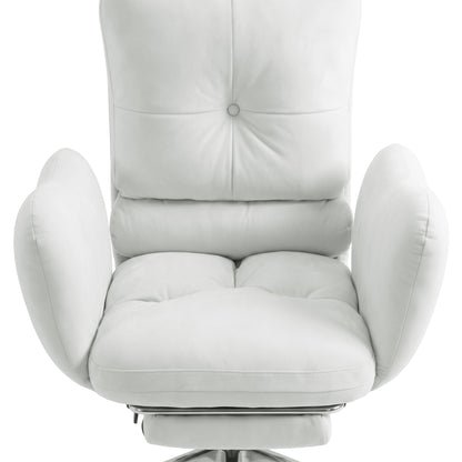 Plush white armchair-style swivel chair on white background with partially cropped base