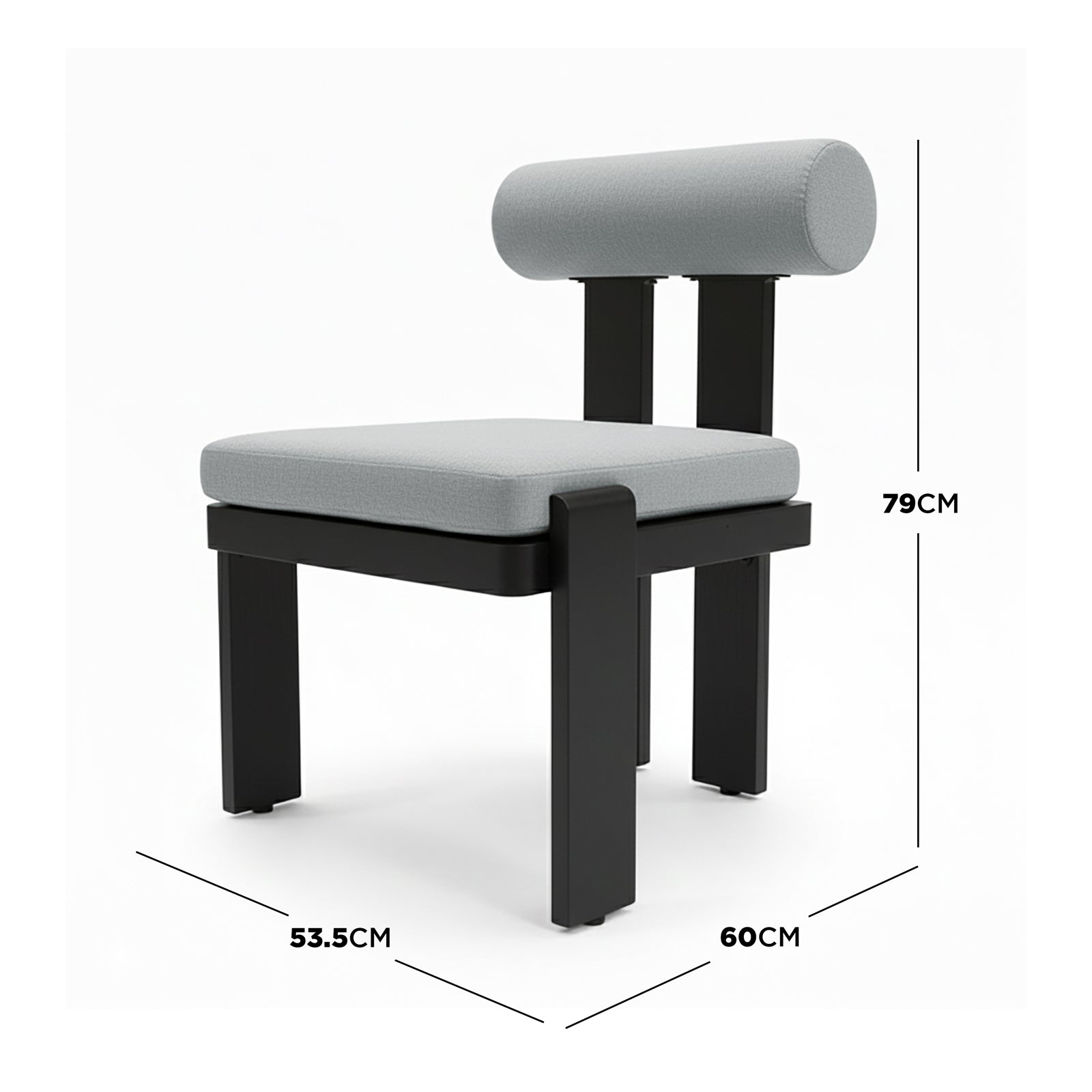 Positano 6 Seater Outdoor Dining Set in Black & Grey features a sleek, minimalist chair with a chunky black frame, light-gray square seat cushion, and cylindrical back cushion, exemplifying modern outdoor elegance.