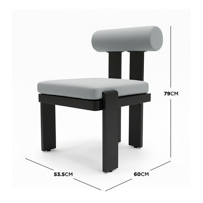 Positano 6 Seater Outdoor Dining Set in Black & Grey features a sleek, minimalist chair with a chunky black frame, light-gray square seat cushion, and cylindrical back cushion, exemplifying modern outdoor elegance.