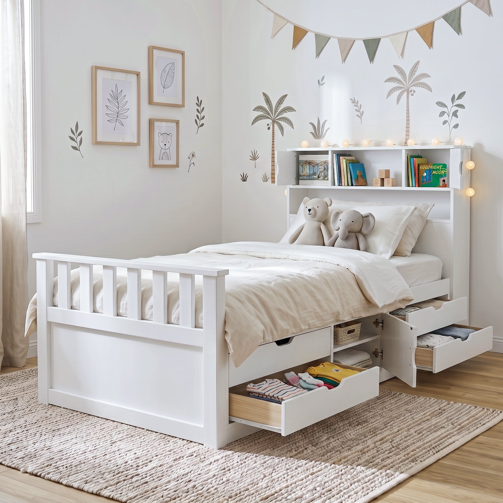 White children's bed with storage drawers in a decorated bedroom