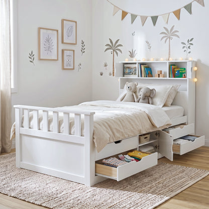 White children's bed with storage drawers in a decorated bedroom