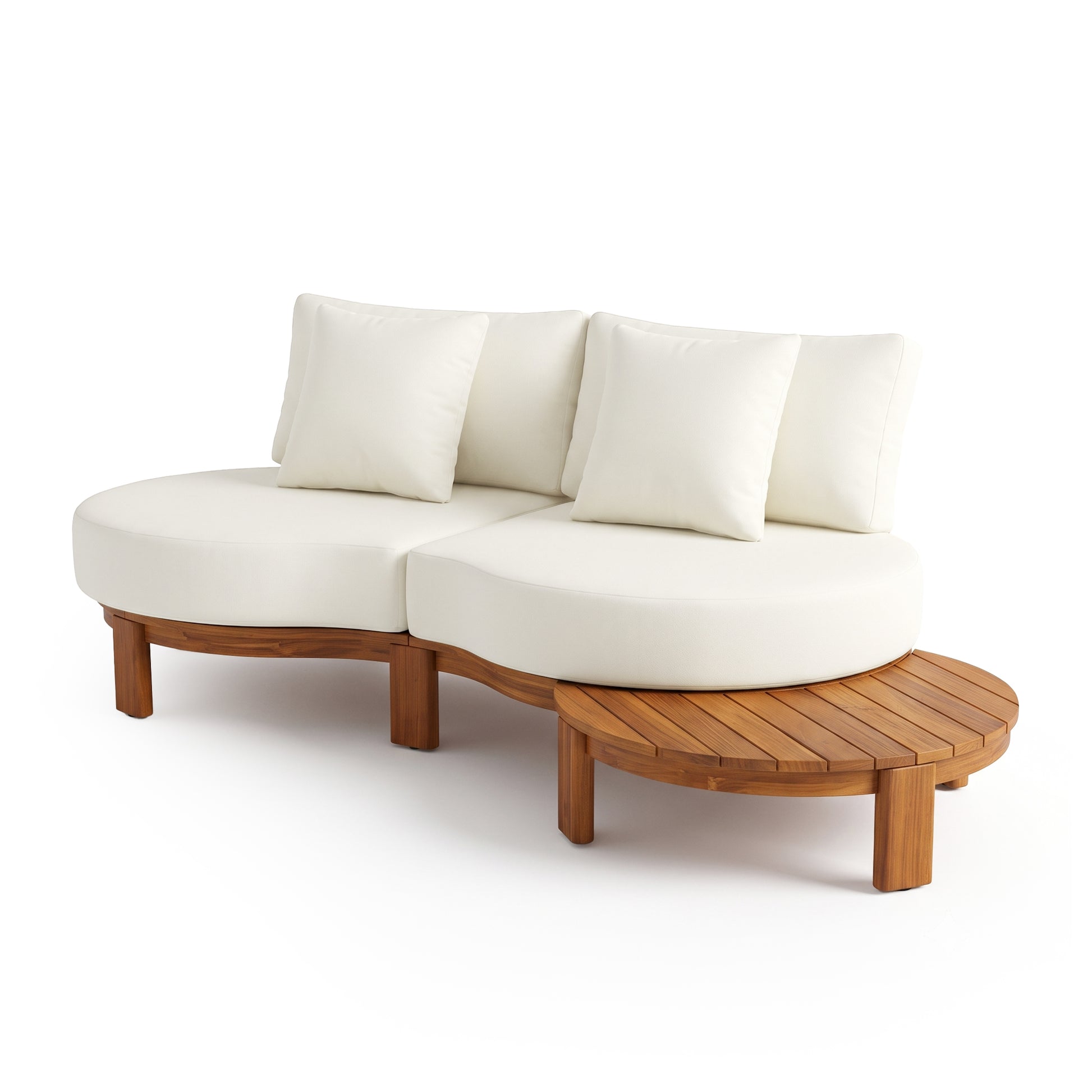 Rounded two-seat sofa with attached circular wooden coffee table on a white background.