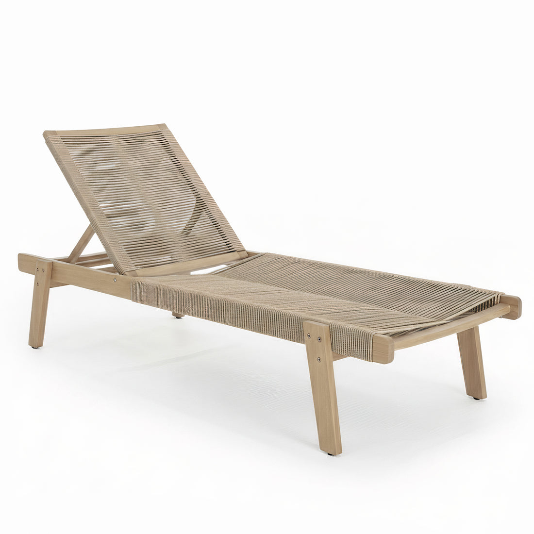 Aureli Hardwood Acacia Reclining Sun Lounger features a low, slatted-wood design with an adjustable woven cord seat and backrest, ideal for poolside or patio relaxation.