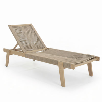 Aureli Hardwood Acacia Reclining Sun Lounger features a low, slatted-wood design with an adjustable woven cord seat and backrest, ideal for poolside or patio relaxation.
