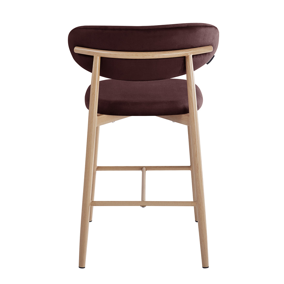 Audrey Fabric Upholstered Barstool Set of 2 in Dark Plum features a modern design with four slender light-wood legs, built-in footrest, and padded curved seat and back for chic comfort.