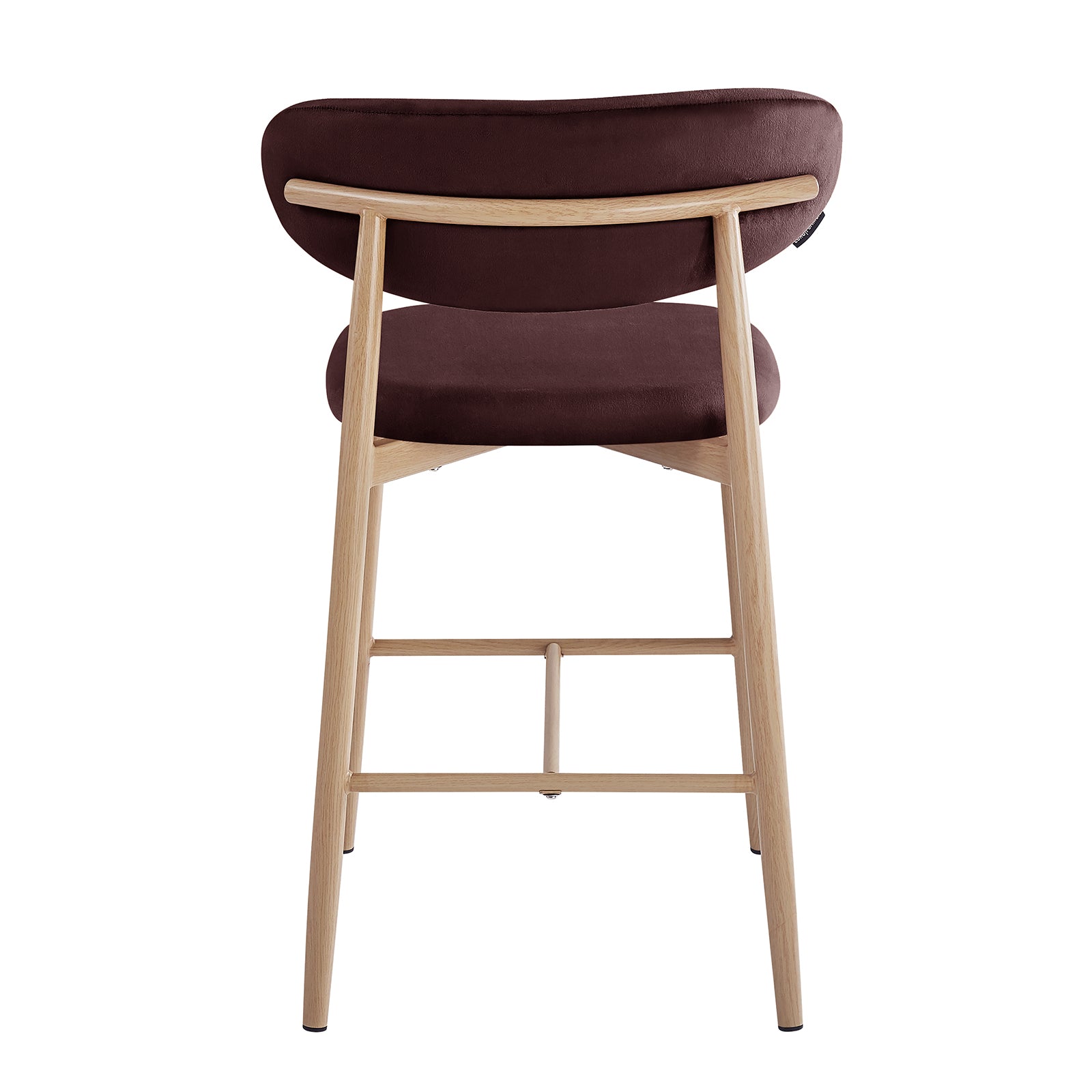 Audrey Fabric Upholstered Barstool Set of 2 in Dark Plum features a modern design with four slender light-wood legs, built-in footrest, and padded curved seat and back for chic comfort.