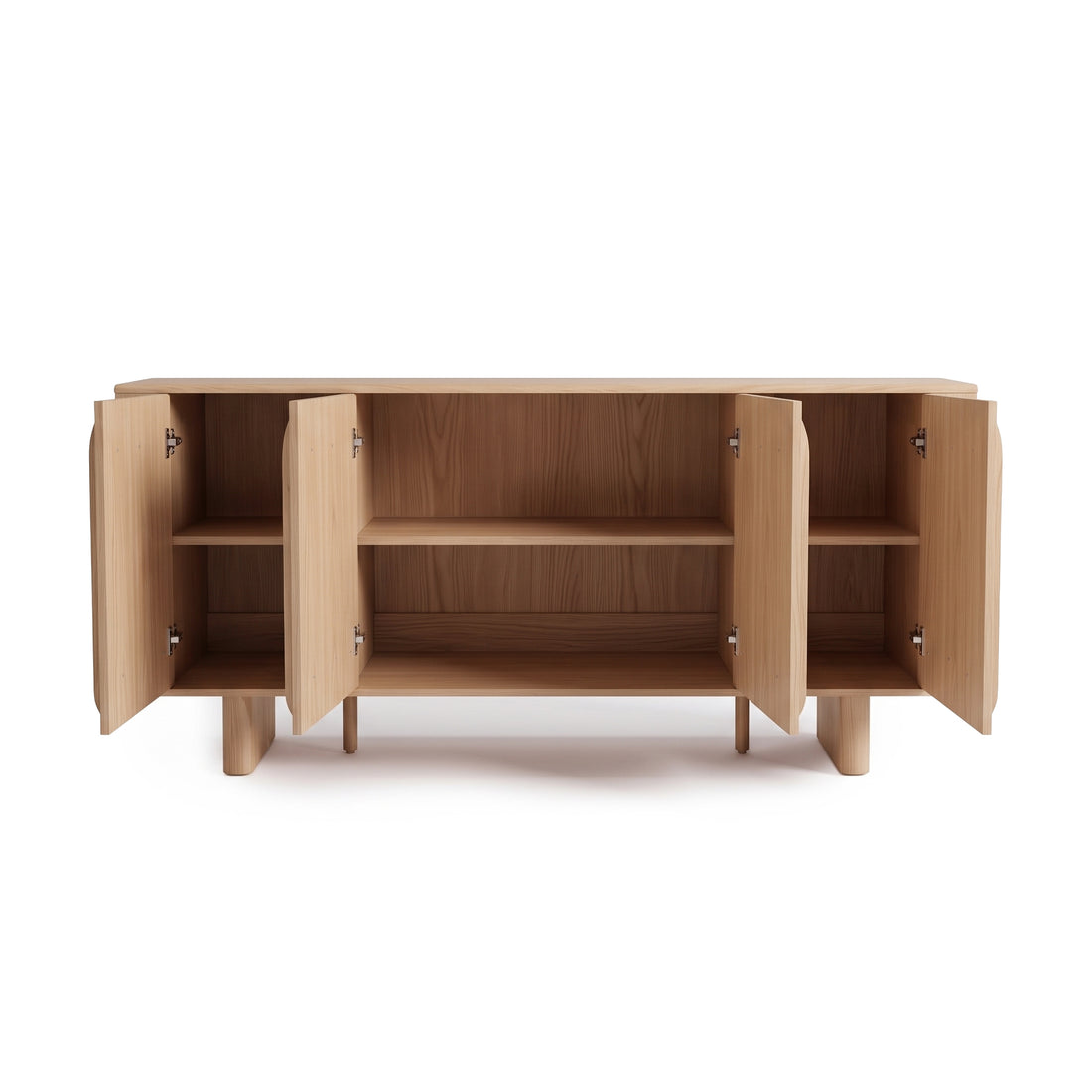 Wooden sideboard with open doors revealing interior shelves on a white background