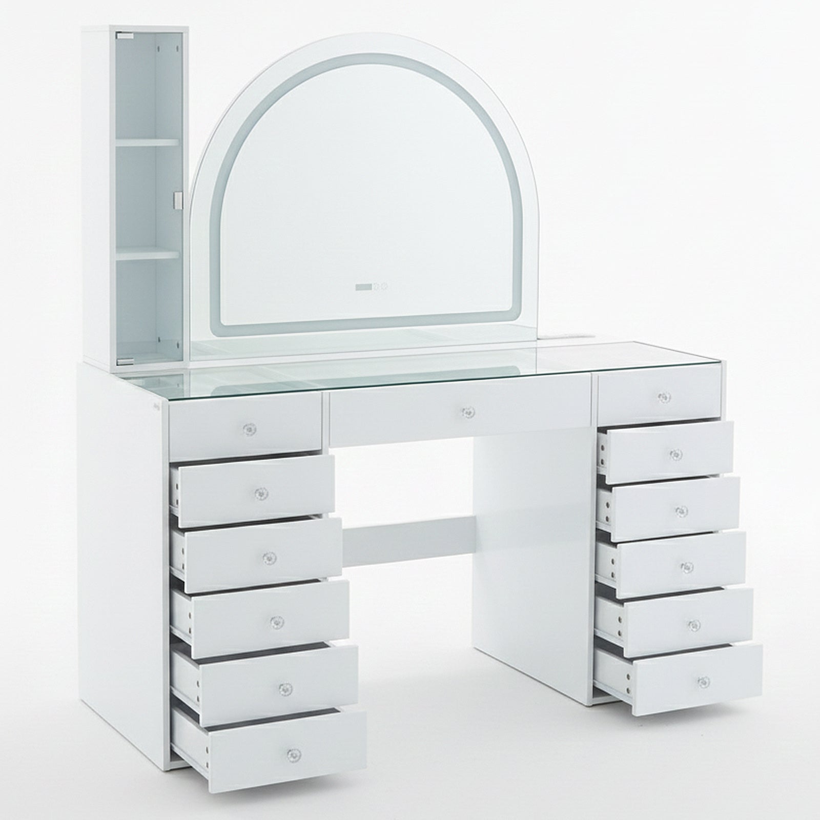 White vanity table with open drawers and LED mirror on white background