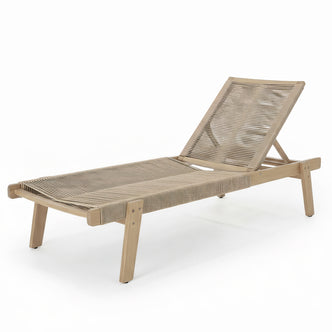 Aureli Hardwood Acacia Reclining Sun Lounger with a woven seat and adjustable backrest, ideal for outdoor relaxation. Crafted from light wood, perfect for poolside or deck use.