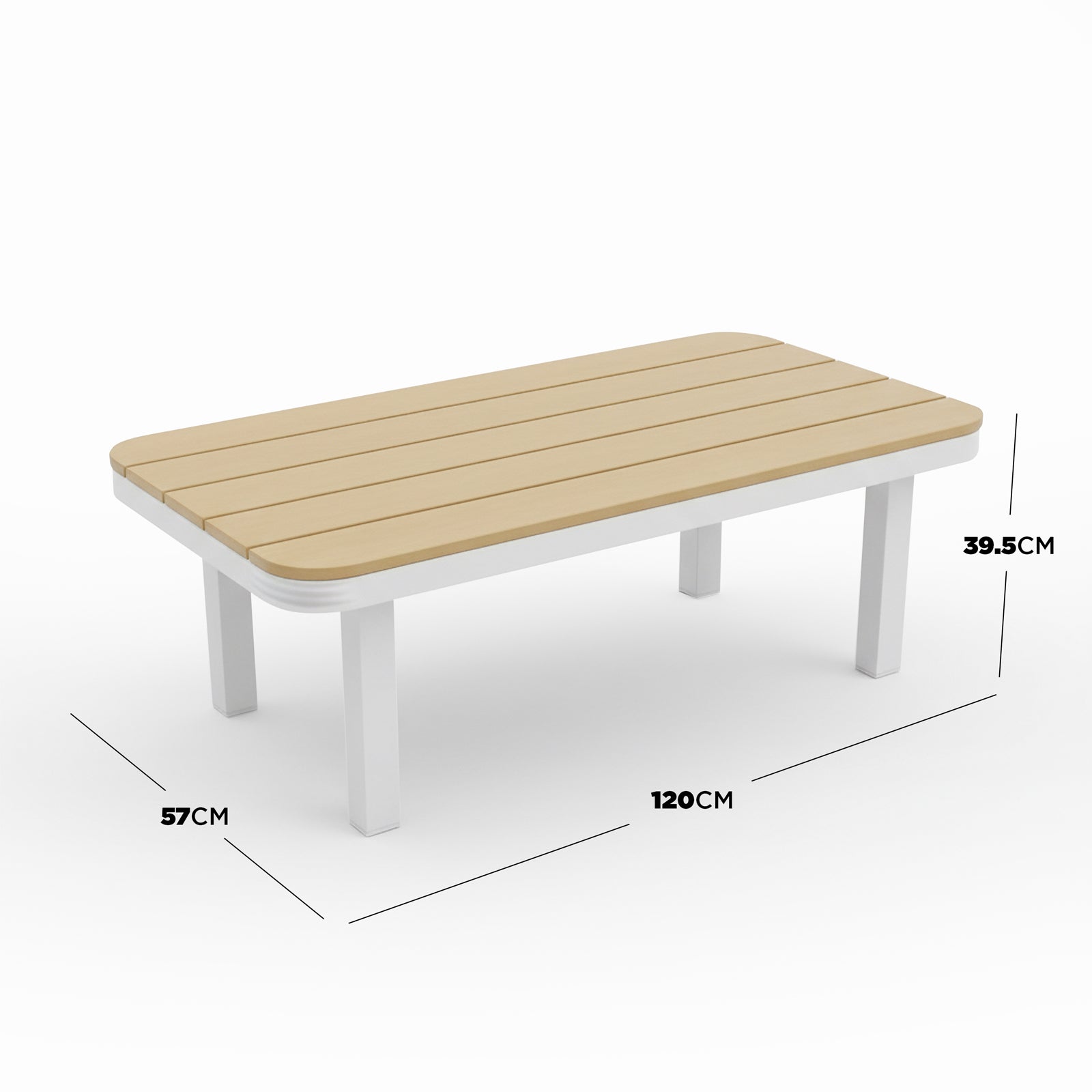 Sierra Outdoor Lounge Set in Beige features a rectangular slatted light-wood low table/bench with white metal legs, perfectly complementing the set's resort-style, modern coastal design.