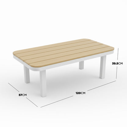 Sierra Outdoor Lounge Set in Beige features a rectangular slatted light-wood low table/bench with white metal legs, perfectly complementing the set's resort-style, modern coastal design.