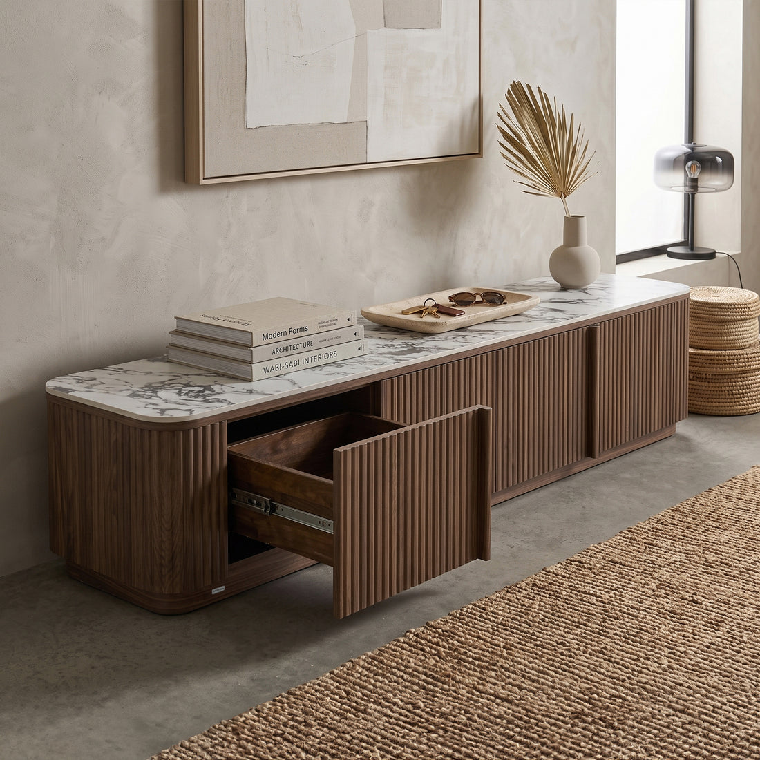 Modern sideboard styled in a neutral contemporary room