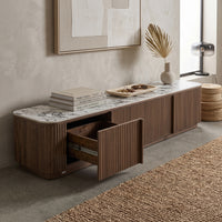 Modern sideboard styled in a neutral contemporary room