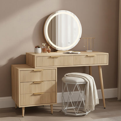 Serenity Dressing Table with Touch Screen Mirror in Natural features a two-tiered wooden vanity, round LED mirror, ribbed-front drawers, T-bar jewelry stand, and white stool with a knit throw.