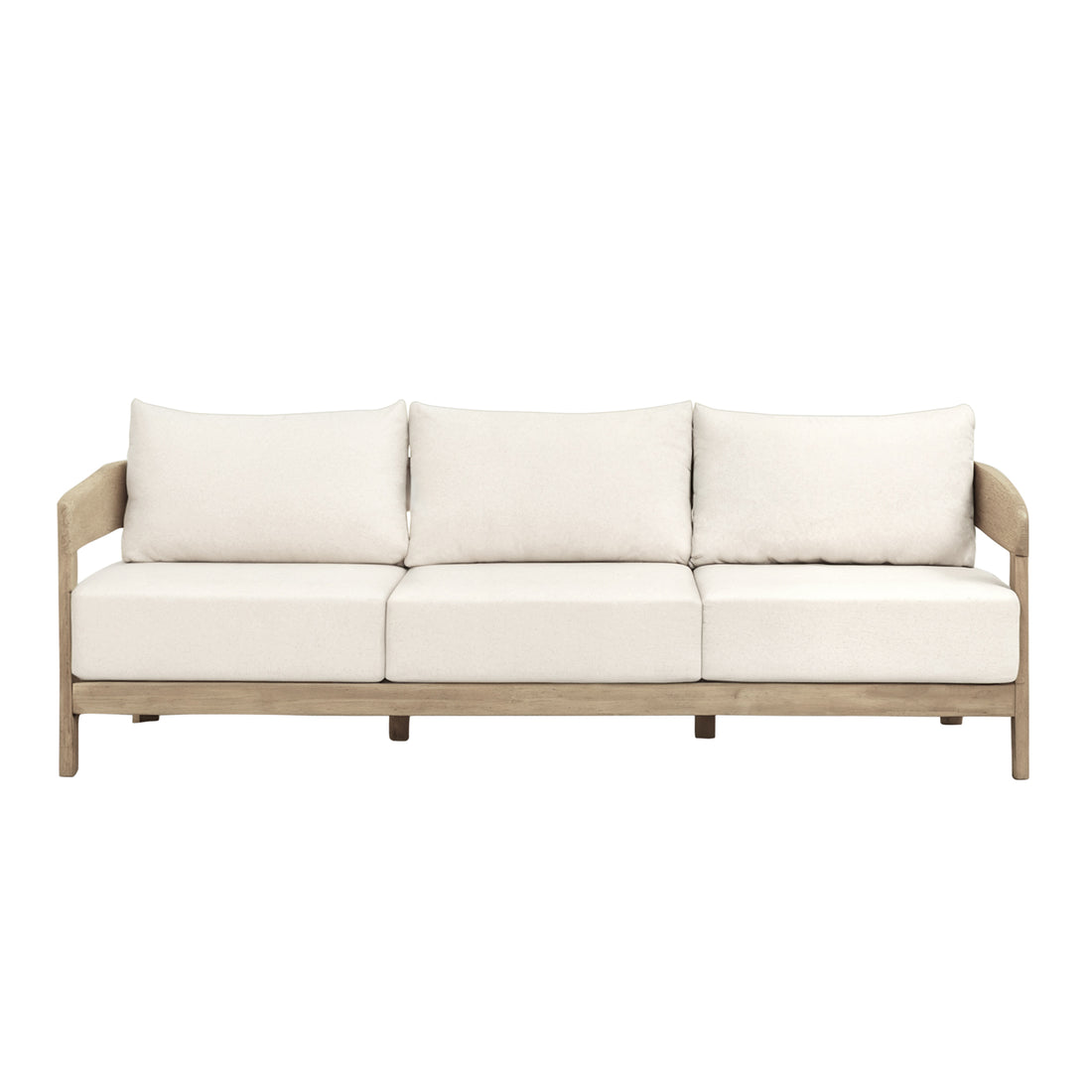 Elani 5-Seater Acacia Hardwood Outdoor Sofa Set in Cream features a natural-finish wooden frame and plush off-white cushions, showcasing its minimalist design ideal for alfresco lounging.