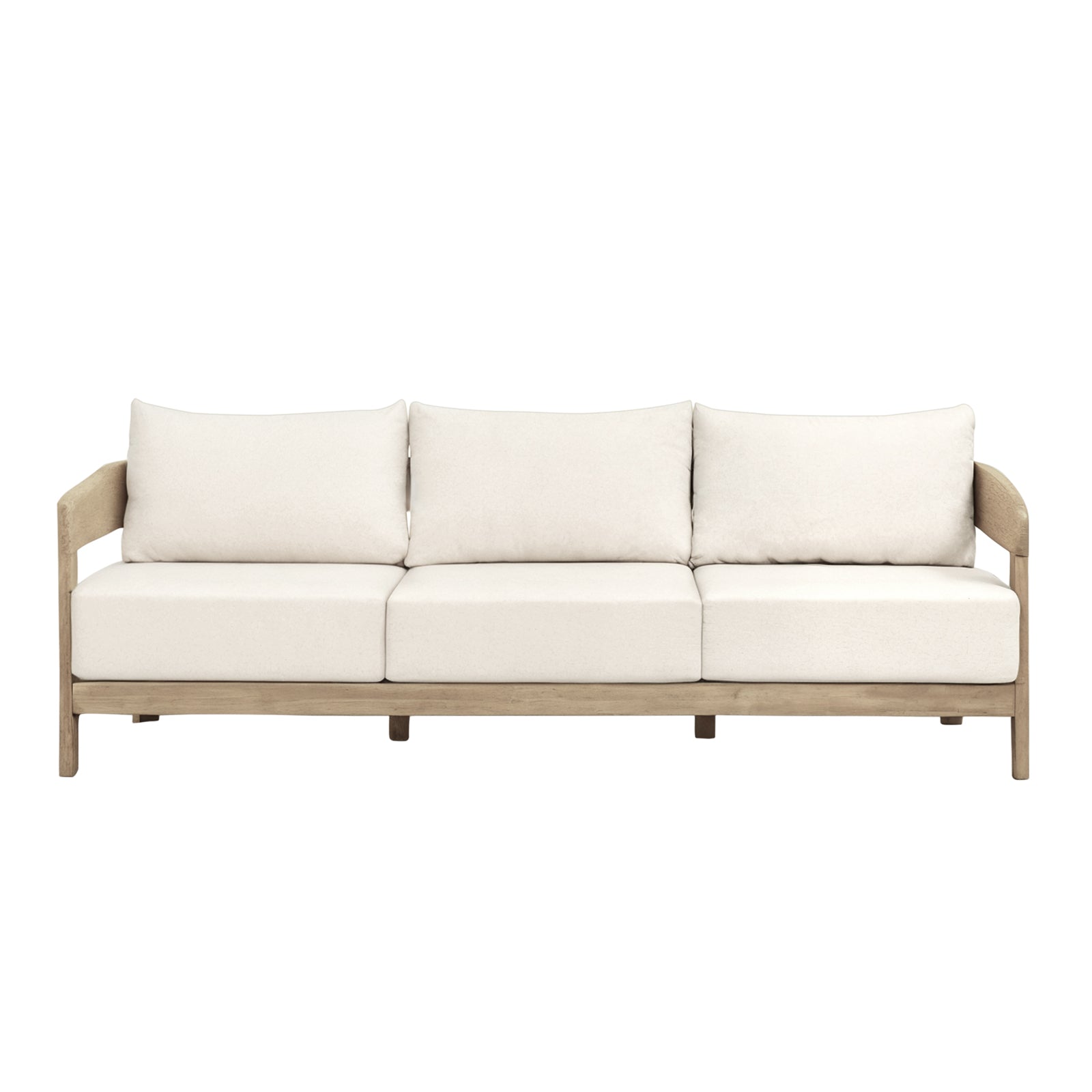 Elani 5-Seater Acacia Hardwood Outdoor Sofa Set in Cream features a natural-finish wooden frame and plush off-white cushions, showcasing its minimalist design ideal for alfresco lounging.