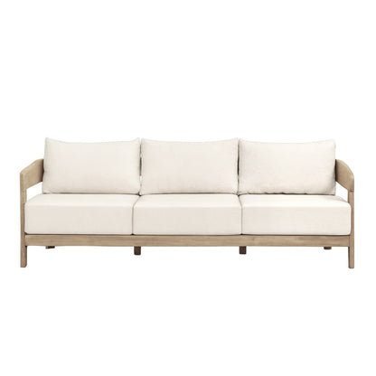 Elani 5-Seater Acacia Hardwood Outdoor Sofa Set in Cream features a natural-finish wooden frame and plush off-white cushions, showcasing its minimalist design ideal for alfresco lounging.