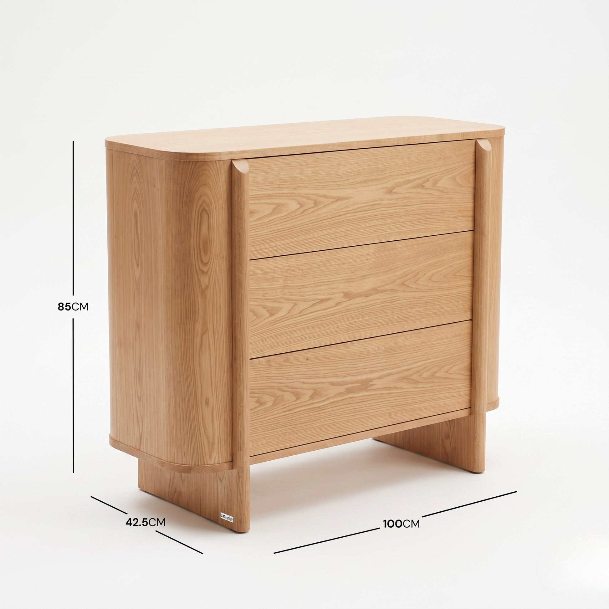 Wooden dresser on white background with dimensions labeled