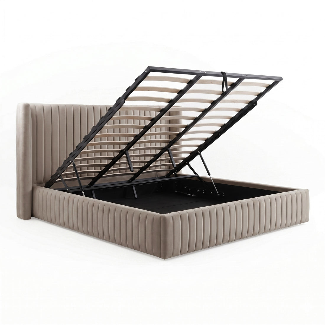 Taupe upholstered storage bed with raised slatted platform