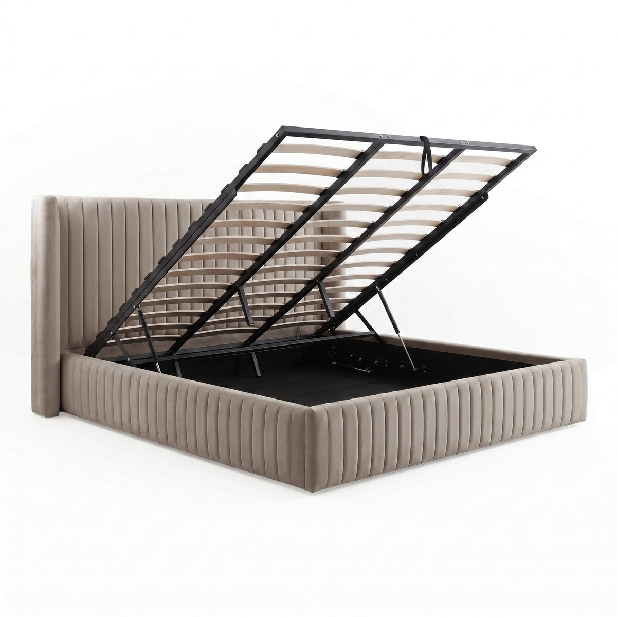 Taupe upholstered storage bed with raised slatted platform