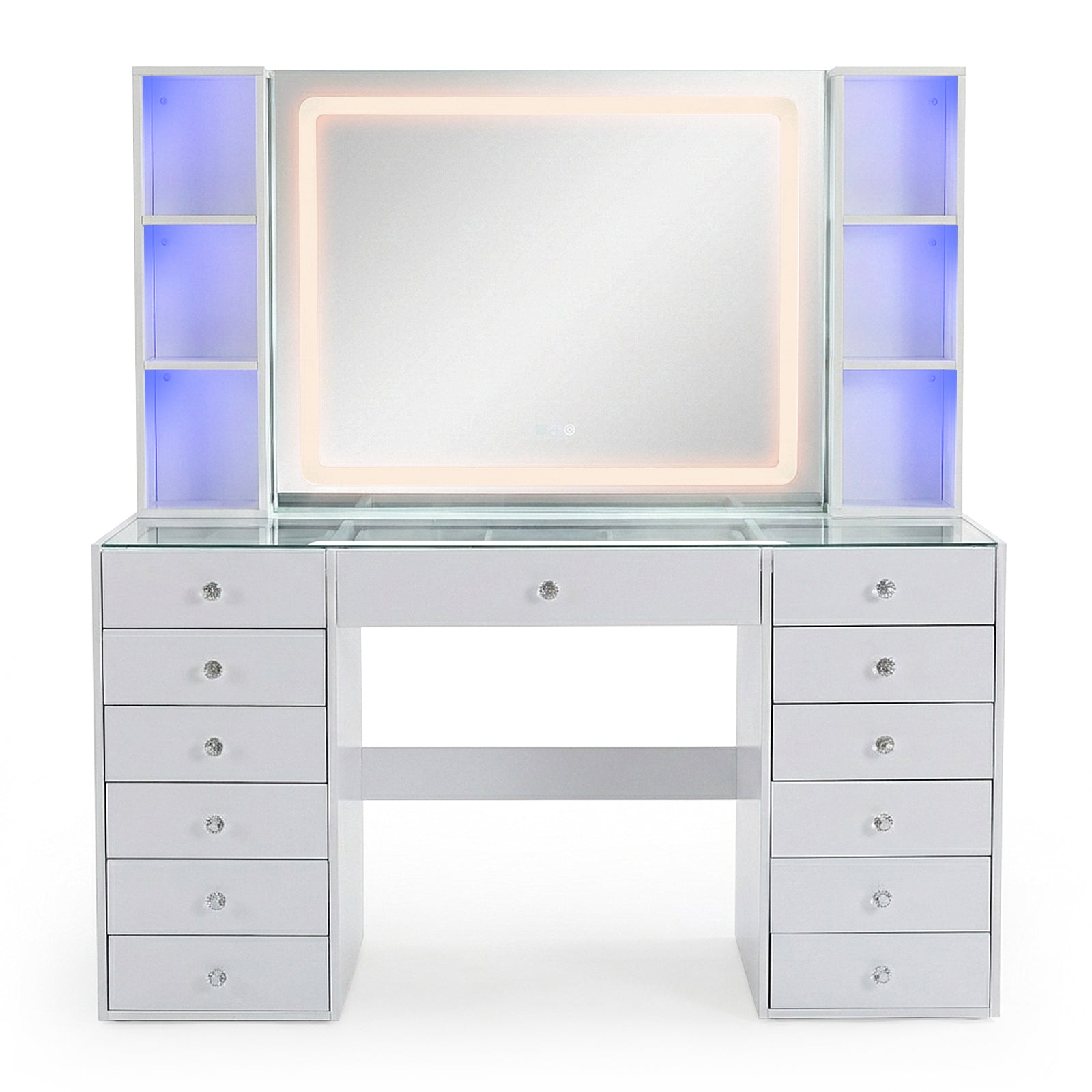 Backlit white vanity table with shelving and drawers on white background