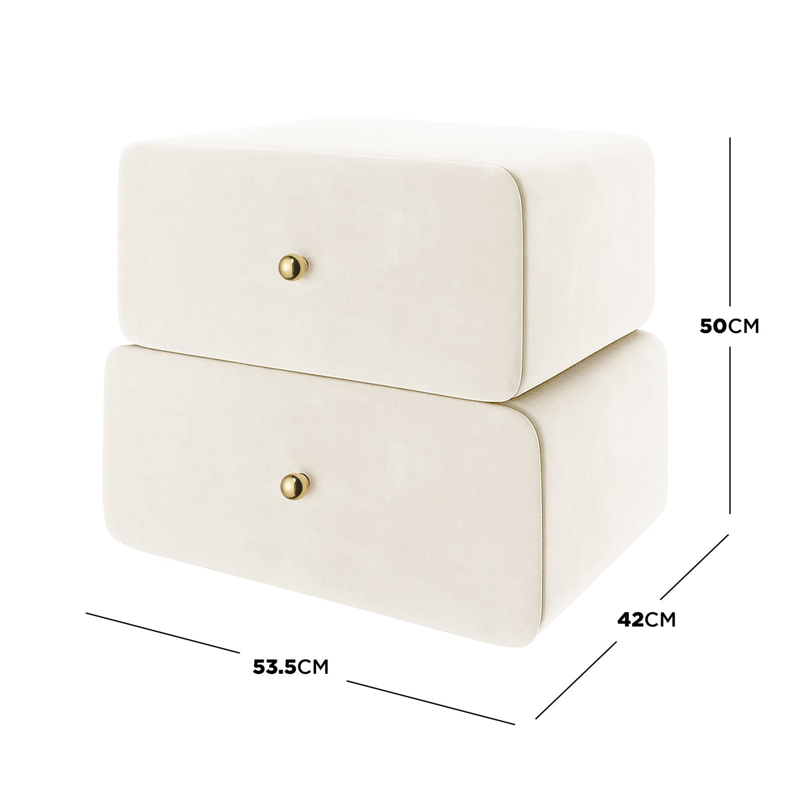 Luxo Tyla Modern Velvet Bedside Table Beige features a minimalist design with two stacked drawers, soft cream upholstery, and small brass-colored knobs, offering compact elegance and practical storage for bedrooms.