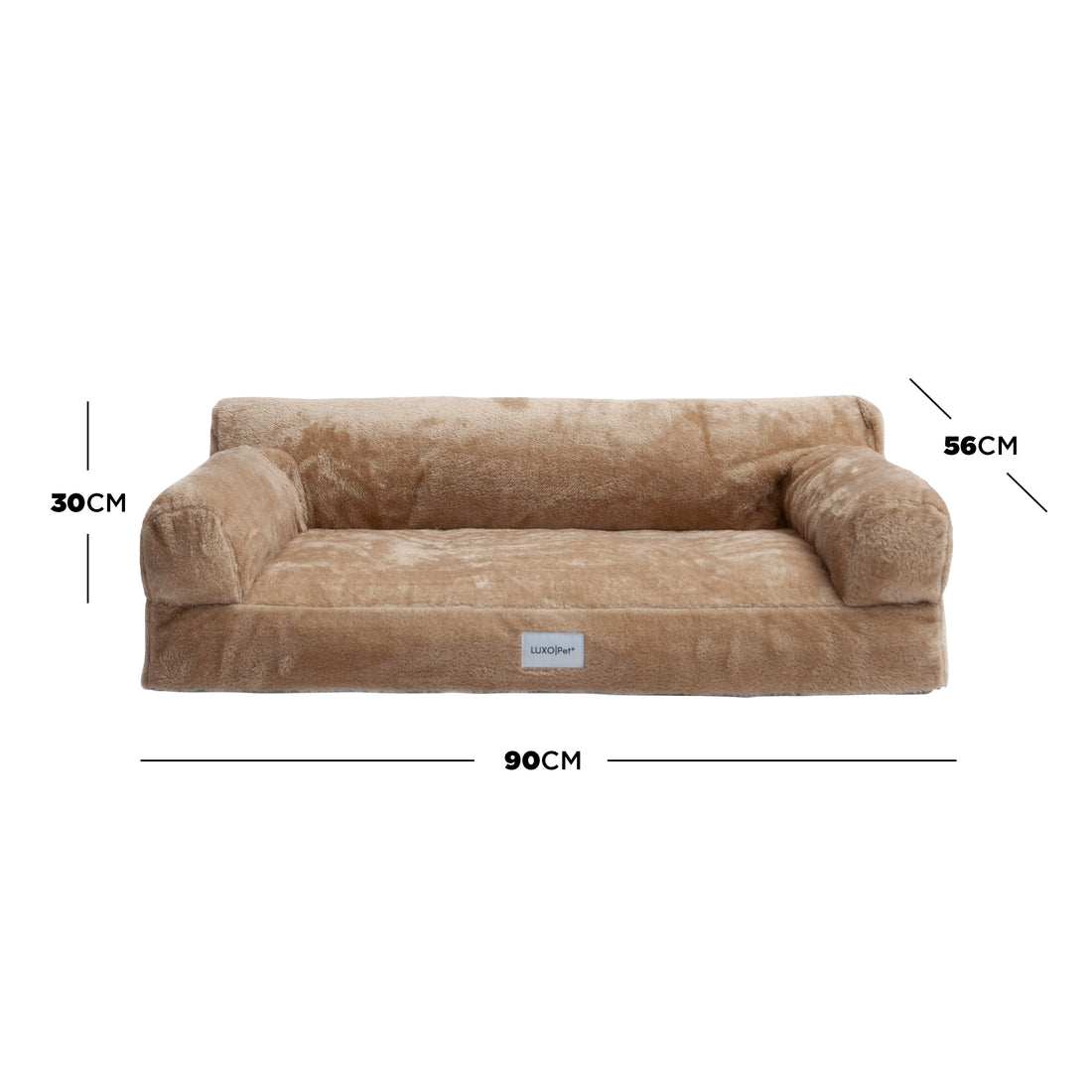 Tan plush pet sofa bed with dimensions (30cm H x 56cm D x 90cm W) overlay on white background