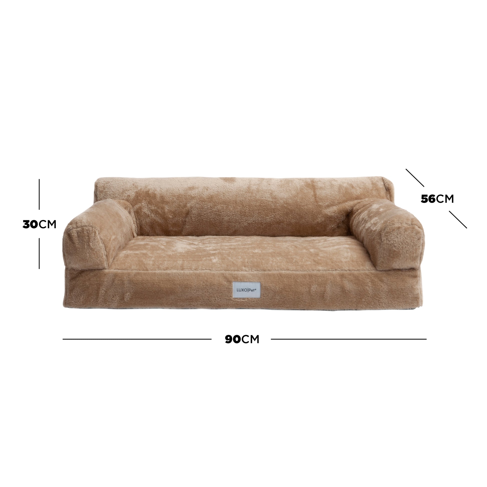 Tan plush pet sofa bed with dimensions (30cm H x 56cm D x 90cm W) overlay on white background