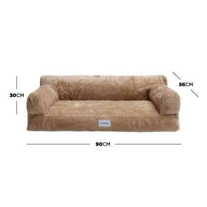 Tan plush pet sofa bed with dimensions (30cm H x 56cm D x 90cm W) overlay on white background
