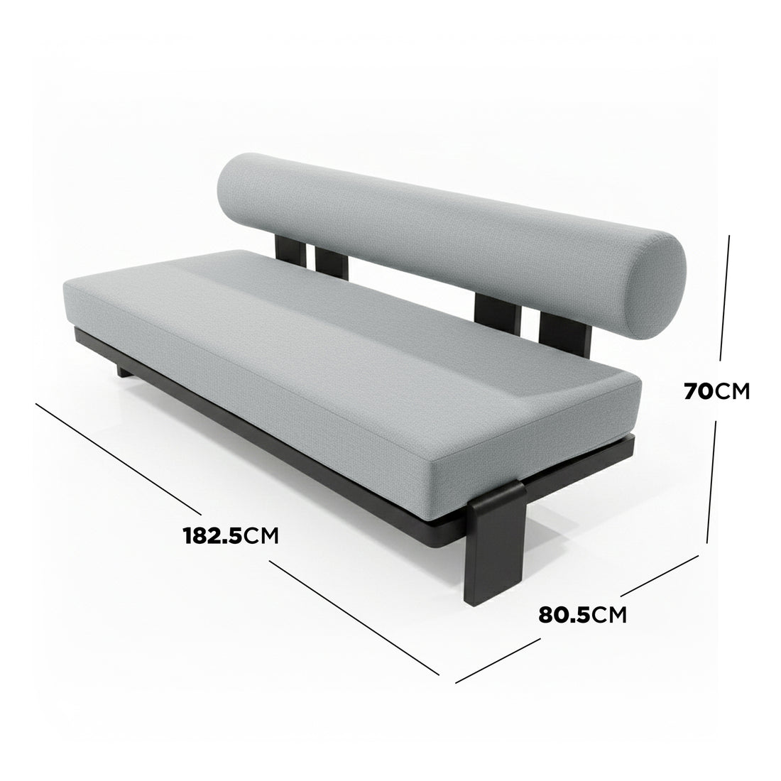 Modica 5 Seater Aluminium Outdoor Sofa Set in Black & Grey features a sleek black metal frame, light-grey cushioned seat, and cylindrical bolster backrest, epitomizing modern outdoor elegance and comfort.