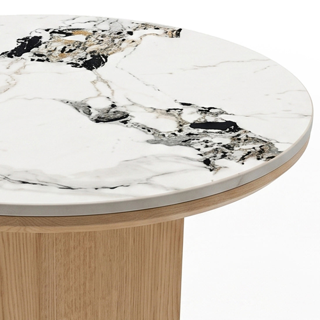 Close-up of a round table's marble-patterned top and part of the wood base on white background