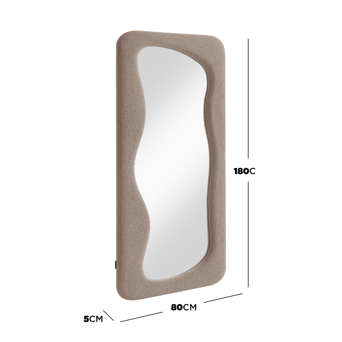 Sabrina 180cm Curved Full Length Mirror showcases a wavy, textured beige frame with a gentle arch, offering a full-body view. Perfect for adding height illusion and style to any space.