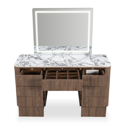 Modern vanity table with marble top and LED mirror on a white background