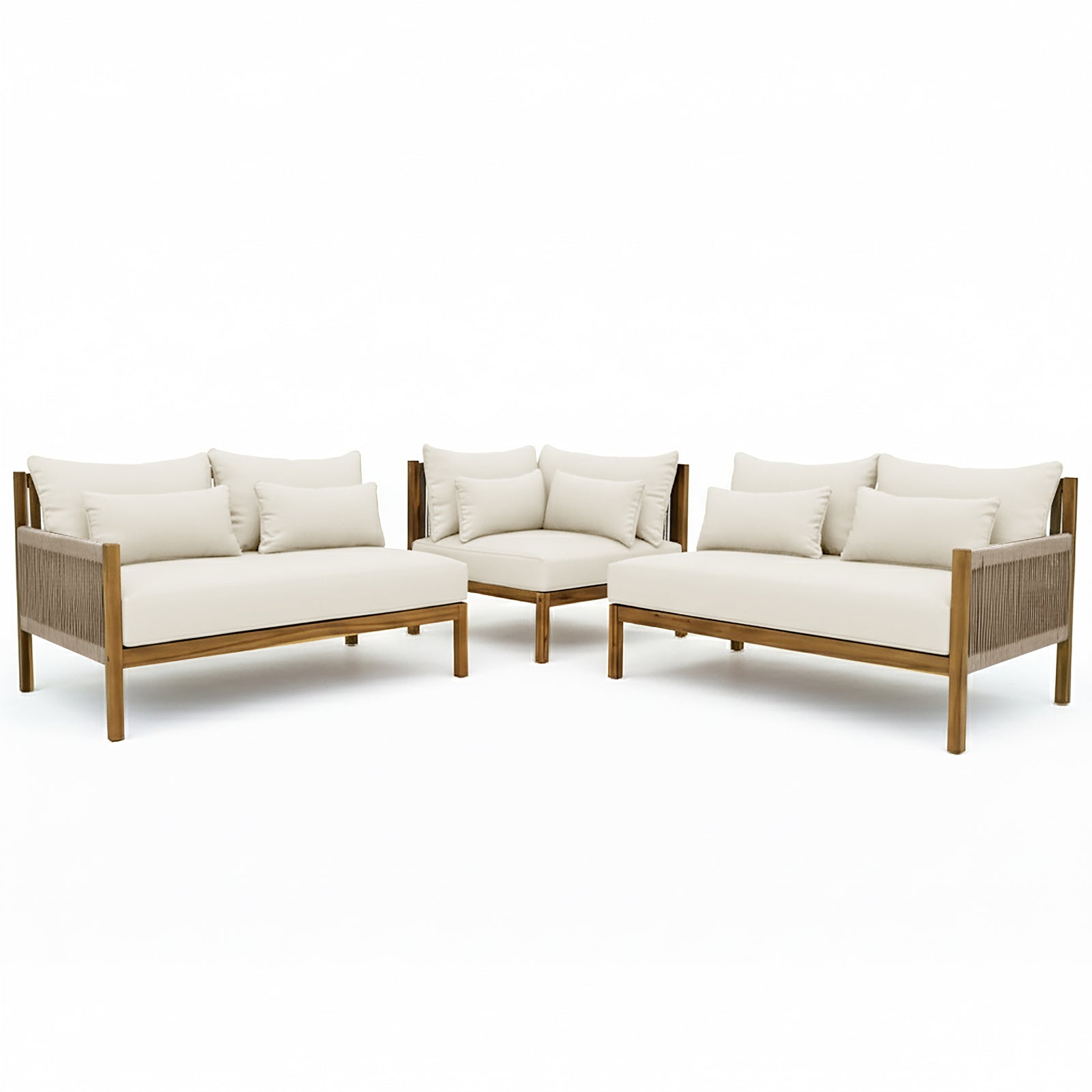 Tavi 5 Seater Solid Timber L Shape Outdoor Sofa in Beige, featuring a modular design with two armless loveseats and a corner seat, showcasing a teak frame with woven rope detailing and plush cushions.