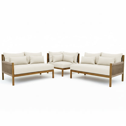 Tavi 5 Seater Solid Timber L Shape Outdoor Sofa in Beige, featuring a modular design with two armless loveseats and a corner seat, showcasing a teak frame with woven rope detailing and plush cushions.