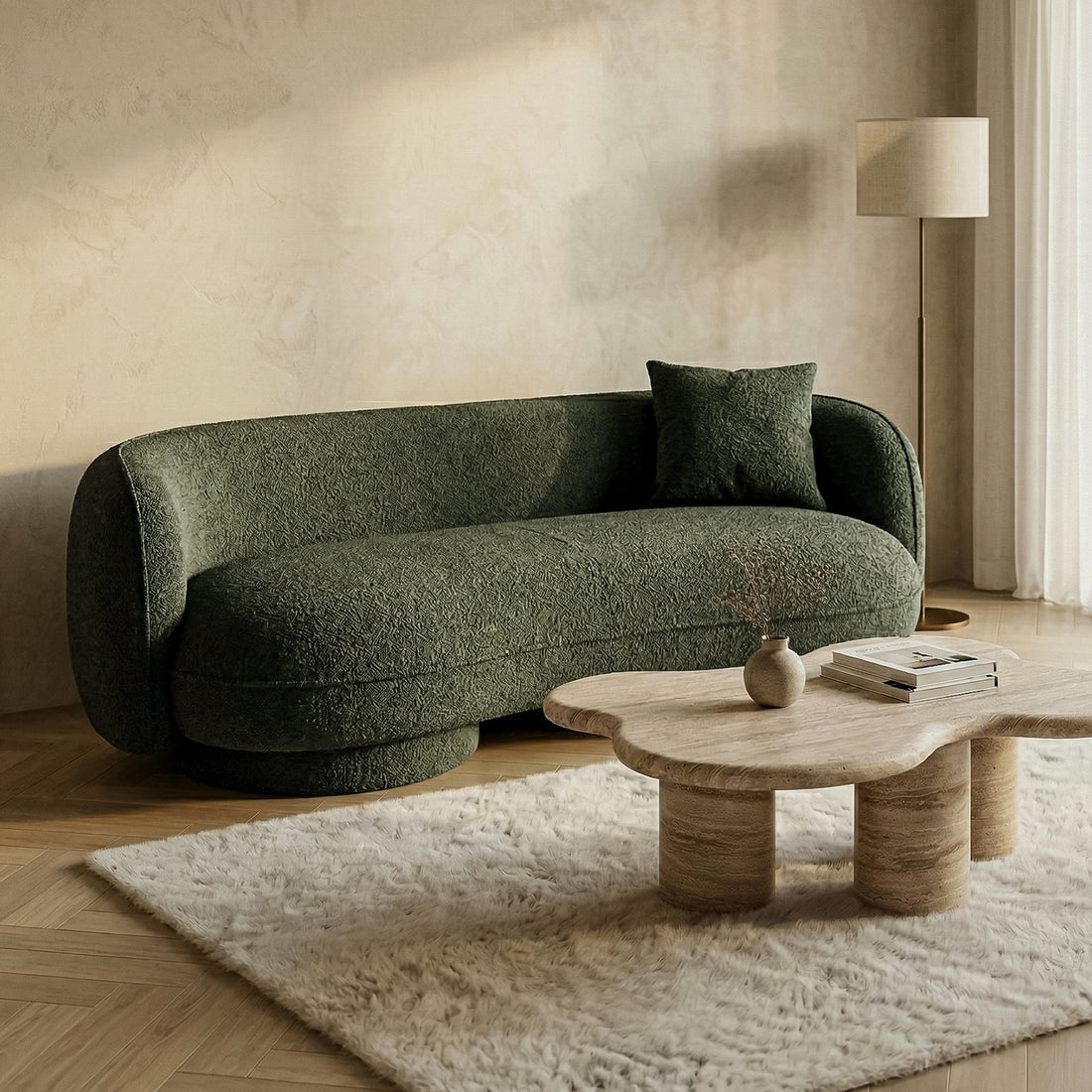 Dark green sofa in modern living room setting with wooden coffee table