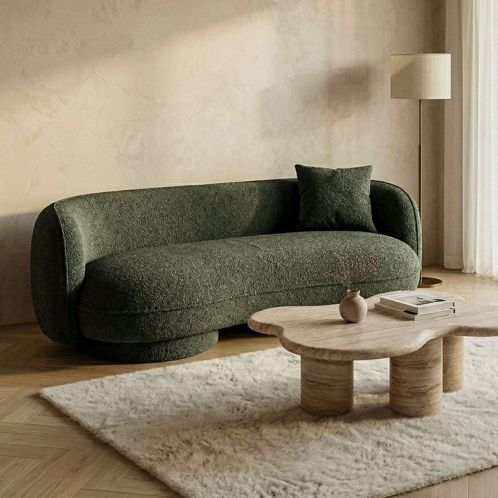 Dark green sofa in modern living room setting with wooden coffee table
